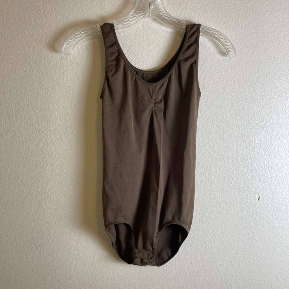 Danskin Womens Brown Scoop Neck Ruched Bodysuit Snap Crotch Sleeveless XL